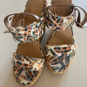 Cream, blue, orange raffia covered wedge